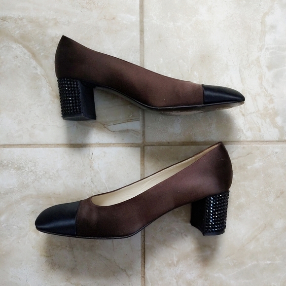 Ernesto Esposito Bicolor Brown Black Cap Toe Satin Jeweled Block Heels 38 7.5 - Picture 2 of 7